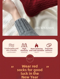Detail view of red and gray wool blend ribbed socks showing warm knitted texture