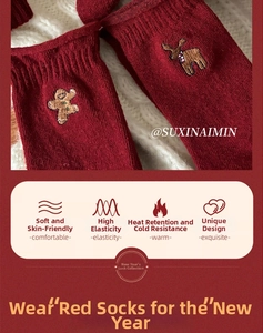 Dettaglio di calze rosse in lana con ricami festivi di omino di pan di zenzero e renna