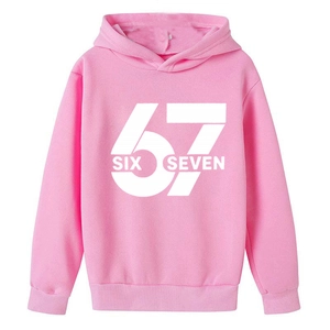 Boy's pink hoodie sweatshirt with creative number 67 and SIX SEVEN letter print