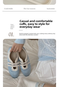 Detail of blue Mary Jane shoes with striped knit socks and a cute cartoon bear label