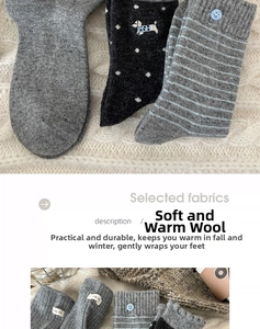 Detail of soft wool socks with cartoon embroidery and buttons on knitted background