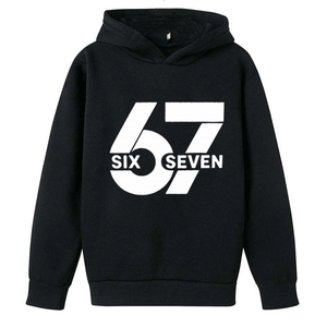 Boys casual black hoodie featuring a creative 67 and SIX SEVEN print on the front