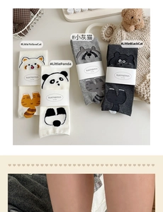 Close-up of cute cartoon cat and panda patterns on soft cotton crew socks