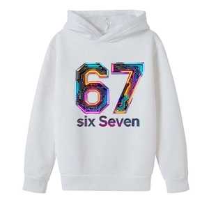 Kids hoodie in white featuring a creative digital 67 graphic print with ribbed cuffs