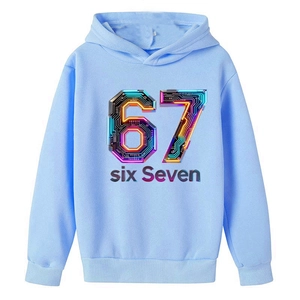 Light blue boys hoodie with creative 3D circuit board number 67 print and ribbed cuffs