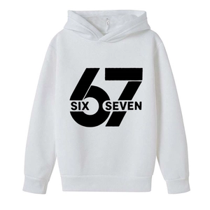 Boys white hooded sweatshirt featuring creative black 67 and six seven number prints