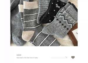 Detail shot of assorted thick wool socks featuring embroidery and Nordic geometric patterns