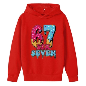 Boys red hoodie featuring creative cartoon number 67 and donut ice cream graphic print