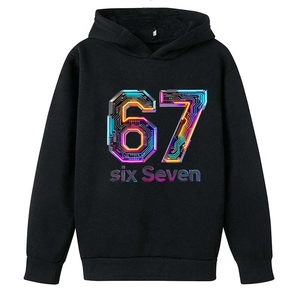Boys' black hoodie with creative neon number 67 and cyberpunk circuit board print design