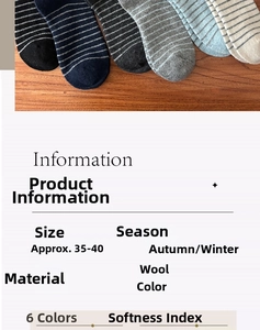 Detail view of colorful striped wool socks showing size 35-40 and winter material specs