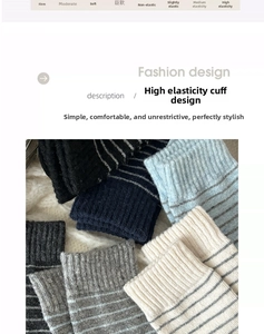 Detail of wool stripe crew socks featuring high elastic ribbed cuffs in various colors