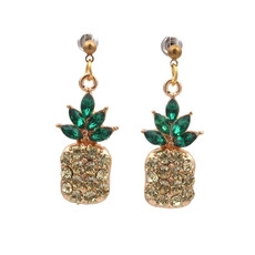 Detail of pineapple dangle earrings with green marquise gems and champagne rhinestones