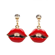 Close-up of red lip-shaped enamel drop earrings with golden ball studs on white background