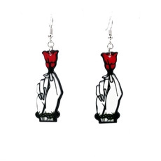 Detailed view of punk skull style hand clutching a red rose acrylic earrings