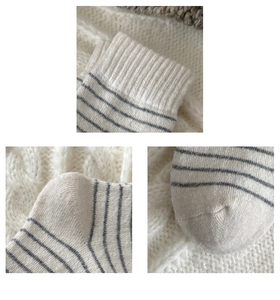 Detailed view of striped wool socks showing elastic cuffs and reinforced heel textures