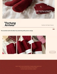 Detail of red wool crew socks with cable knit texture and festive New Year patterns