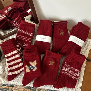 Calze Slouch da Donna in Lana Natale Inverno Caldo Rosso Ricamato Calze a Metà Polpaccio Capodanno Festivo Renna Fiocco di Neve