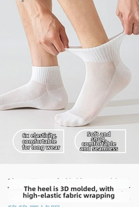Detail showing high-stretch mesh fabric and 3D heel design on men's white sports socks