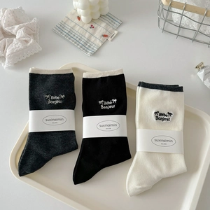 Three pairs of cotton crew socks with bow embroidery and contrast trim in Korean style