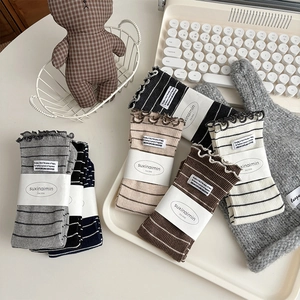 Women Mid Calf Socks Cotton Striped Lettuce Edge Fabric Patch Retro Japanese Sweet Style Casual Breathable