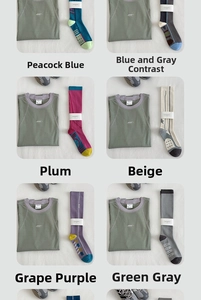 Detailed close-up of compression sports socks and matching tops in six vibrant colors