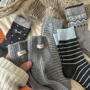 Thick wool blend crew socks in grey tones with various patterns on a cozy knit blanket