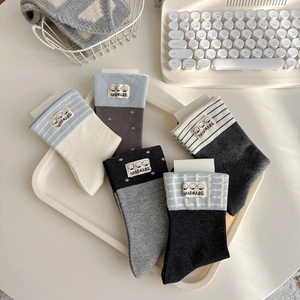Women Crew Socks Cotton Japanese Style Striped Polka Dot Grid Cute Cartoon Dog Cloth Patch Casual Daily Mid Calf