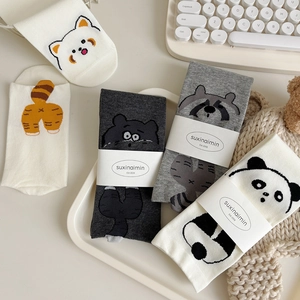 Cute cartoon raccoon and cat patterned cotton mid-calf socks in white and grey colors
