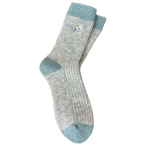Grey wool blend crew socks with light blue contrast and cute snowman embroidery