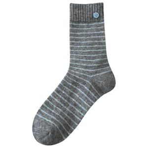 Thick warm wool crew socks in gray blue stripes with decorative blue button detail