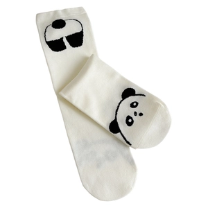 Cute panda character patterns on creamy white mid-calf cotton socks in a simple design