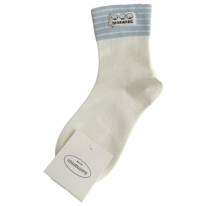 Japanese style striped cotton crew socks featuring cute cartoon dog patch and blue stripes