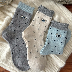 Thick wool socks for women with cute puppy embroidery and stylish dot patterns