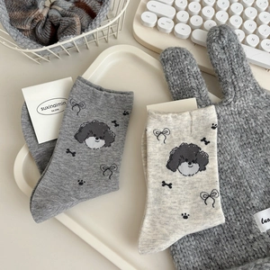 Kawaii knit crew socks featuring cute poodle embroidery in grey and beige colors