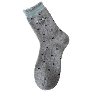 Grey wool socks with blue ruffle trim and cute dog embroidery for winter warmth