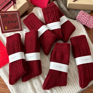 Set of 6 red wool socks with cable knit patterns for Chinese New Year gift set