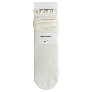Cream white ruffle cotton mid-calf socks with delicate frill edge and knit texture