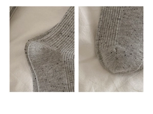 Detailed knit texture of grey speckled crew socks with vertical ribbed pattern design