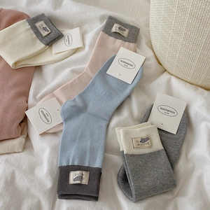 Women's cotton crew socks with mouse logo patch and gray color block design