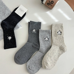 Women Cotton Crew Socks Cute Cartoon Dog Embroidery Marled Knit Mid Calf Socks Japanese Style Breathable Casual Soft