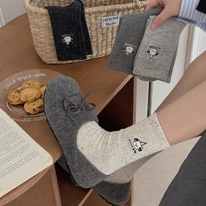 Mid-calf cotton socks with cute cartoon dog embroidery and stylish dotted yarn texture