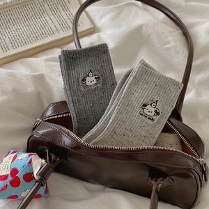 Speckled cotton crew socks featuring cute puppy embroidery in grey ribbed knit style
