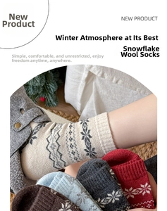 Detail of wool socks featuring festive snowflake jacquard patterns in various winter colors