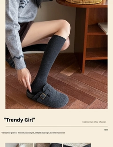 Detail of dark grey knit over-the-knee socks paired with buckled mule slippers