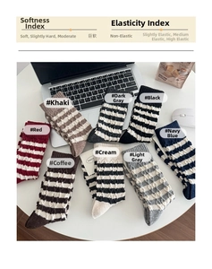 Vue à plat de chaussettes en laine à rayures colorées sur un bureau aux textures douillettes