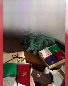 Detailed close-up of festive Christmas socks gift set with cute holiday embroidery