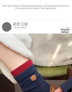 Detail of navy knit sock with red trim featuring a cute bear embroidery and ribbed texture