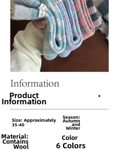 Detail view of colorful wool blend striped socks with 35-40 size info and warm texture