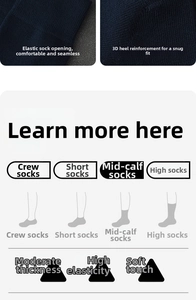 Detailed chart showing dark blue knit socks with elastic cuffs and four height options