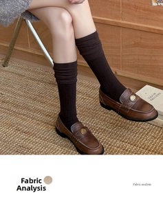 Detail showing brown leather loafers with dark coffee knit calf socks in a cozy scene